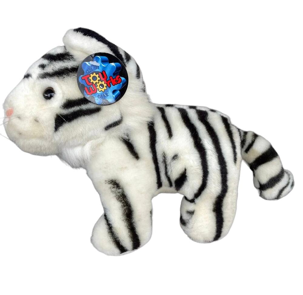 White Tiger Plush Vtg 1990s Cat 11" White w/ Black Stripes Stuffed Animal TAGS